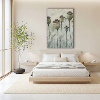 Five Poppy Pods Misty Japandi wall art in a calm Japandi-style room – six dried poppy pods in sage green and cream