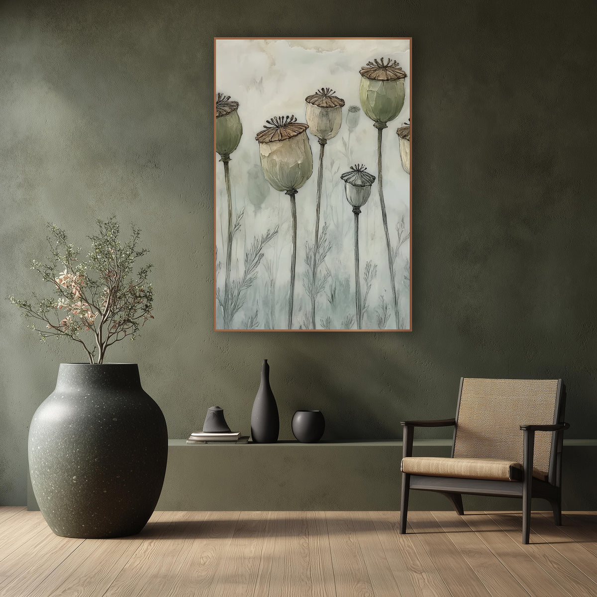 Five Poppy Pods Misty Japandi wall art in a calm Japandi-style room – six dried poppy pods in sage green and cream