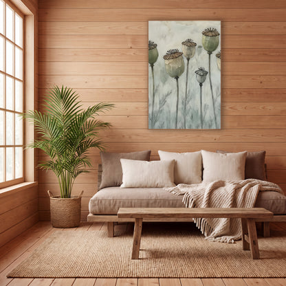 Five Poppy Pods Misty Japandi wall art in a calm Japandi-style room – six dried poppy pods in sage green and cream