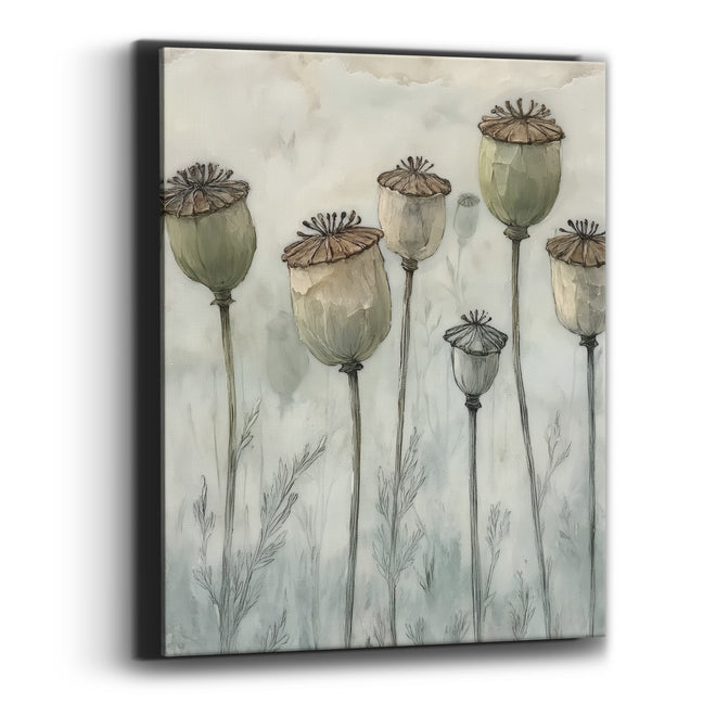 Five Poppy Pods Misty Japandi Canvas Wall Art