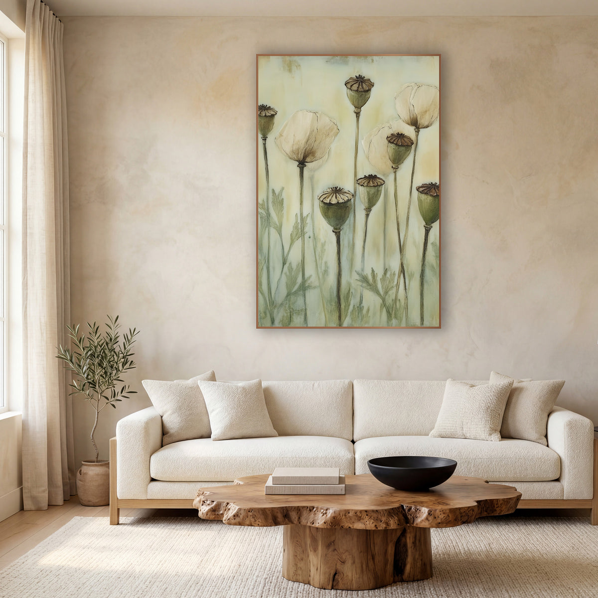 Poppy Pods Cream Blooms Botanical wall art in a calm Japandi-style room – tall poppy stems with green seed pods