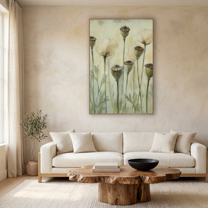 Poppy Pods Cream Blooms Botanical wall art in a calm Japandi-style room – tall poppy stems with green seed pods