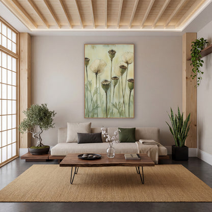 Poppy Pods Cream Blooms Botanical wall art in a calm Japandi-style room – tall poppy stems with green seed pods
