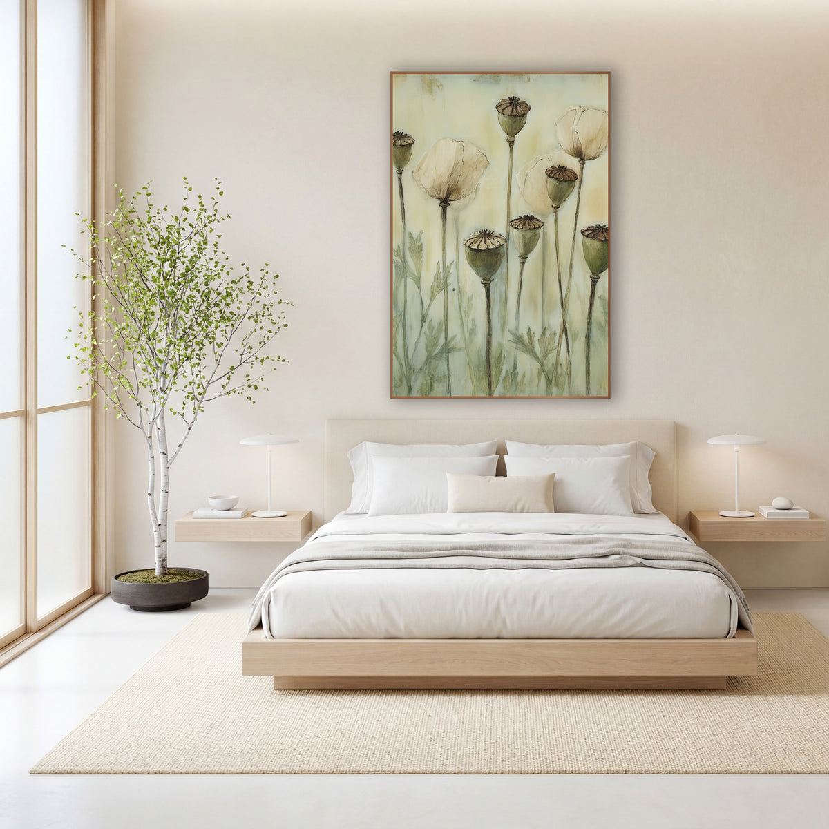 Poppy Pods Cream Blooms Botanical wall art in a calm Japandi-style room – tall poppy stems with green seed pods