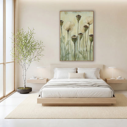 Poppy Pods Cream Blooms Botanical wall art in a calm Japandi-style room – tall poppy stems with green seed pods