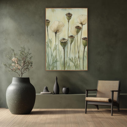 Poppy Pods Cream Blooms Botanical wall art in a calm Japandi-style room – tall poppy stems with green seed pods