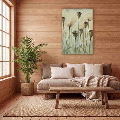 Poppy Pods Cream Blooms Botanical wall art in a calm Japandi-style room – tall poppy stems with green seed pods