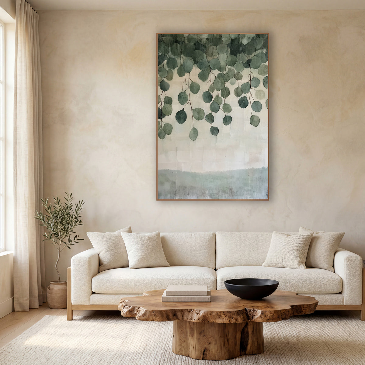 Hanging Eucalyptus Leaves Botanical wall art in a calm Japandi-style room – round green eucalyptus leaves hanging