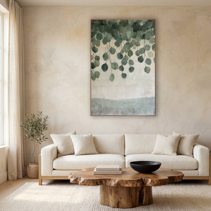 Hanging Eucalyptus Leaves Botanical wall art in a calm Japandi-style room – round green eucalyptus leaves hanging