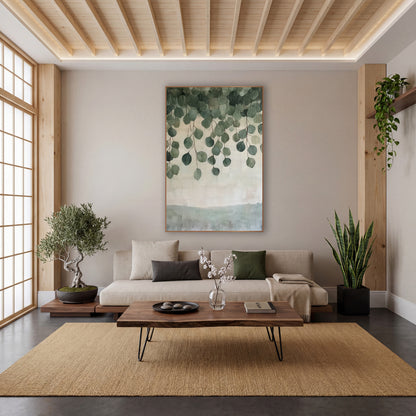 Hanging Eucalyptus Leaves Botanical wall art in a calm Japandi-style room – round green eucalyptus leaves hanging