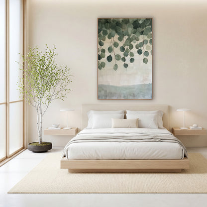 Hanging Eucalyptus Leaves Botanical wall art in a calm Japandi-style room – round green eucalyptus leaves hanging