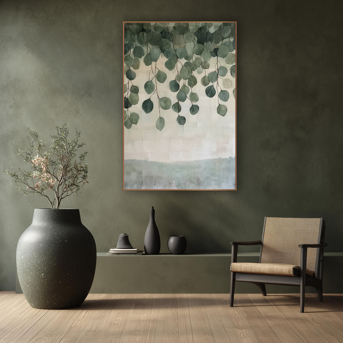 Hanging Eucalyptus Leaves Botanical wall art in a calm Japandi-style room – round green eucalyptus leaves hanging