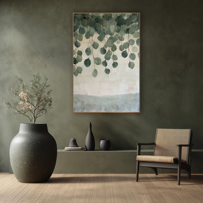 Hanging Eucalyptus Leaves Botanical wall art in a calm Japandi-style room – round green eucalyptus leaves hanging