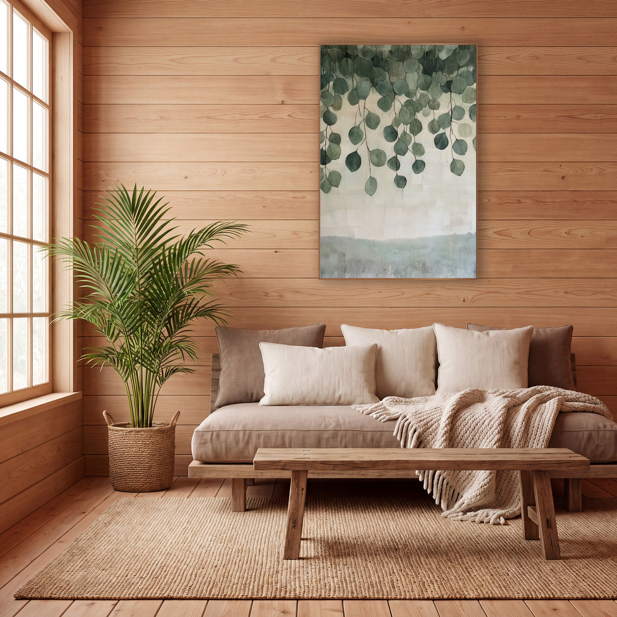 Hanging Eucalyptus Leaves Botanical wall art in a calm Japandi-style room – round green eucalyptus leaves hanging