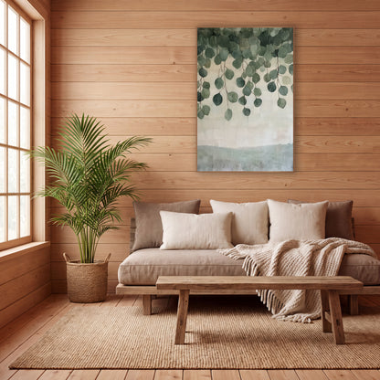 Hanging Eucalyptus Leaves Botanical wall art in a calm Japandi-style room – round green eucalyptus leaves hanging