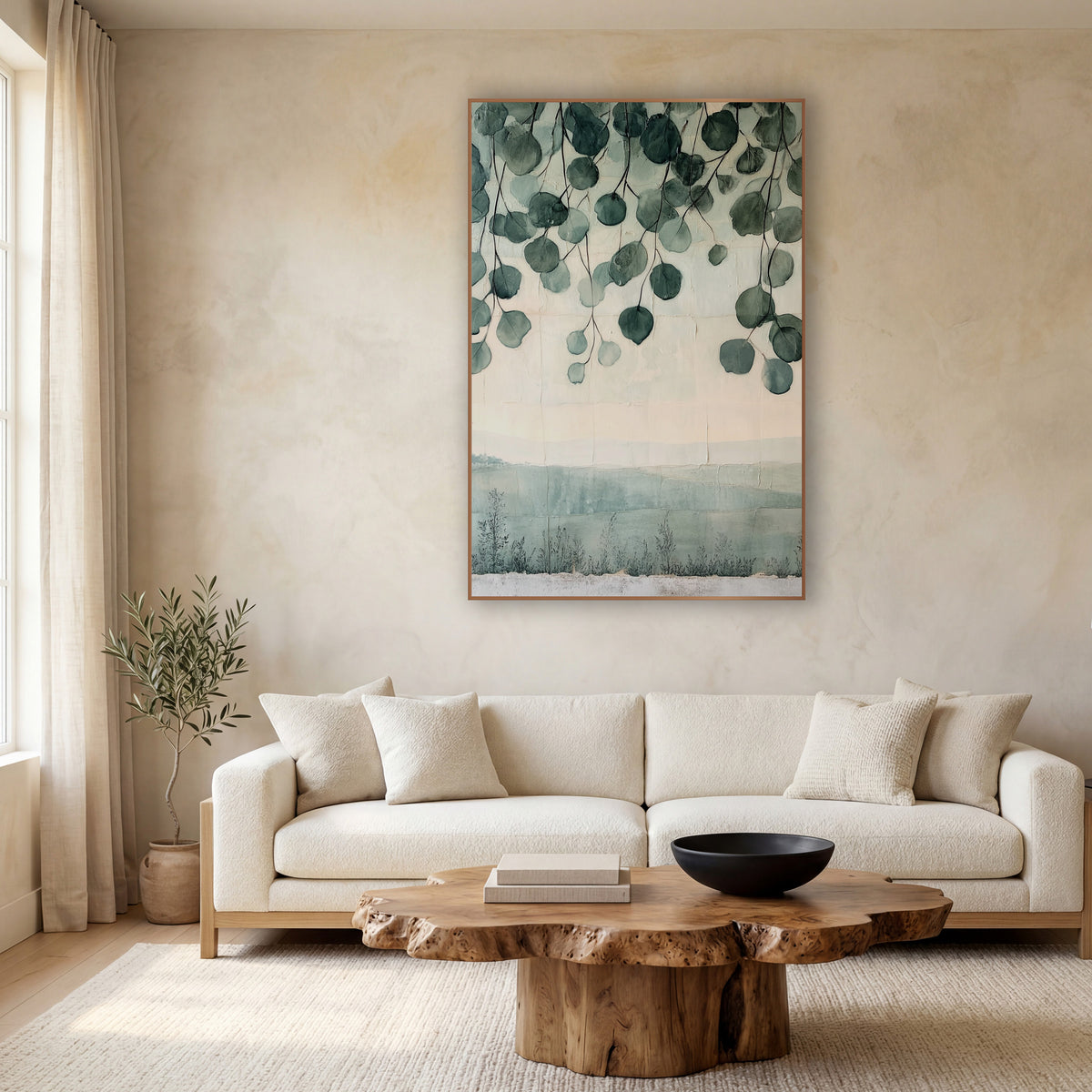 Hanging Eucalyptus Leaves Japandi wall art in a calm Japandi-style room – round sage green eucalyptus leaves hanging