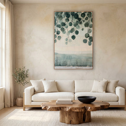 Hanging Eucalyptus Leaves Japandi wall art in a calm Japandi-style room – round sage green eucalyptus leaves hanging