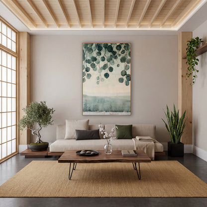 Hanging Eucalyptus Leaves Japandi wall art in a calm Japandi-style room – round sage green eucalyptus leaves hanging