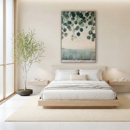 Hanging Eucalyptus Leaves Japandi wall art in a calm Japandi-style room – round sage green eucalyptus leaves hanging