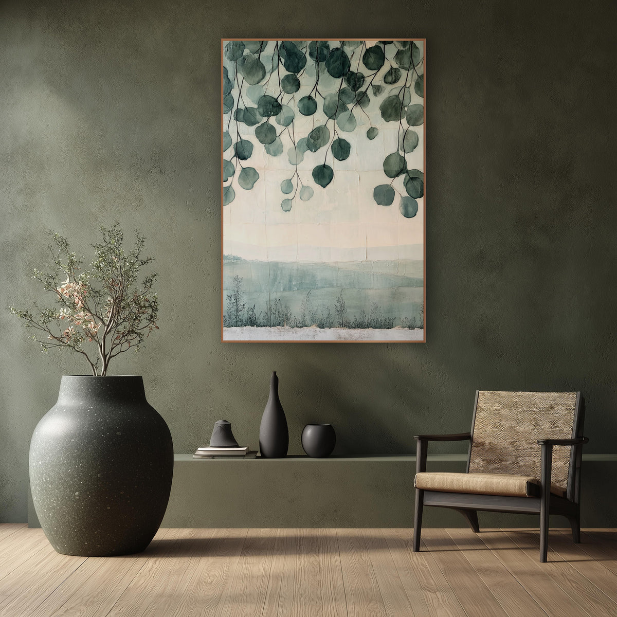 Hanging Eucalyptus Leaves Japandi wall art in a calm Japandi-style room – round sage green eucalyptus leaves hanging