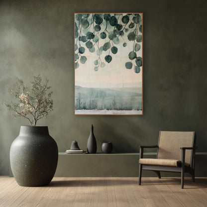 Hanging Eucalyptus Leaves Japandi wall art in a calm Japandi-style room – round sage green eucalyptus leaves hanging