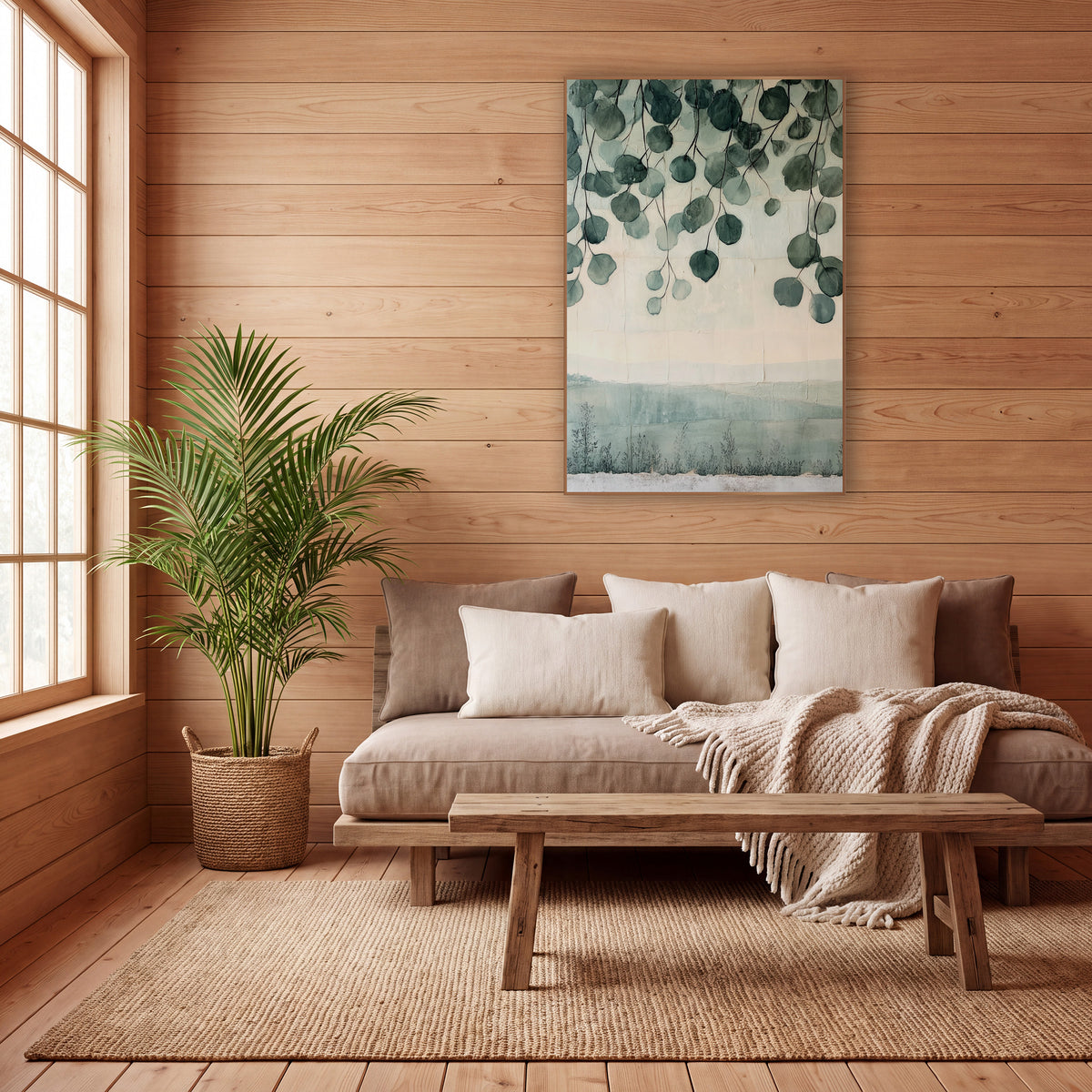 Hanging Eucalyptus Leaves Japandi wall art in a calm Japandi-style room – round sage green eucalyptus leaves hanging