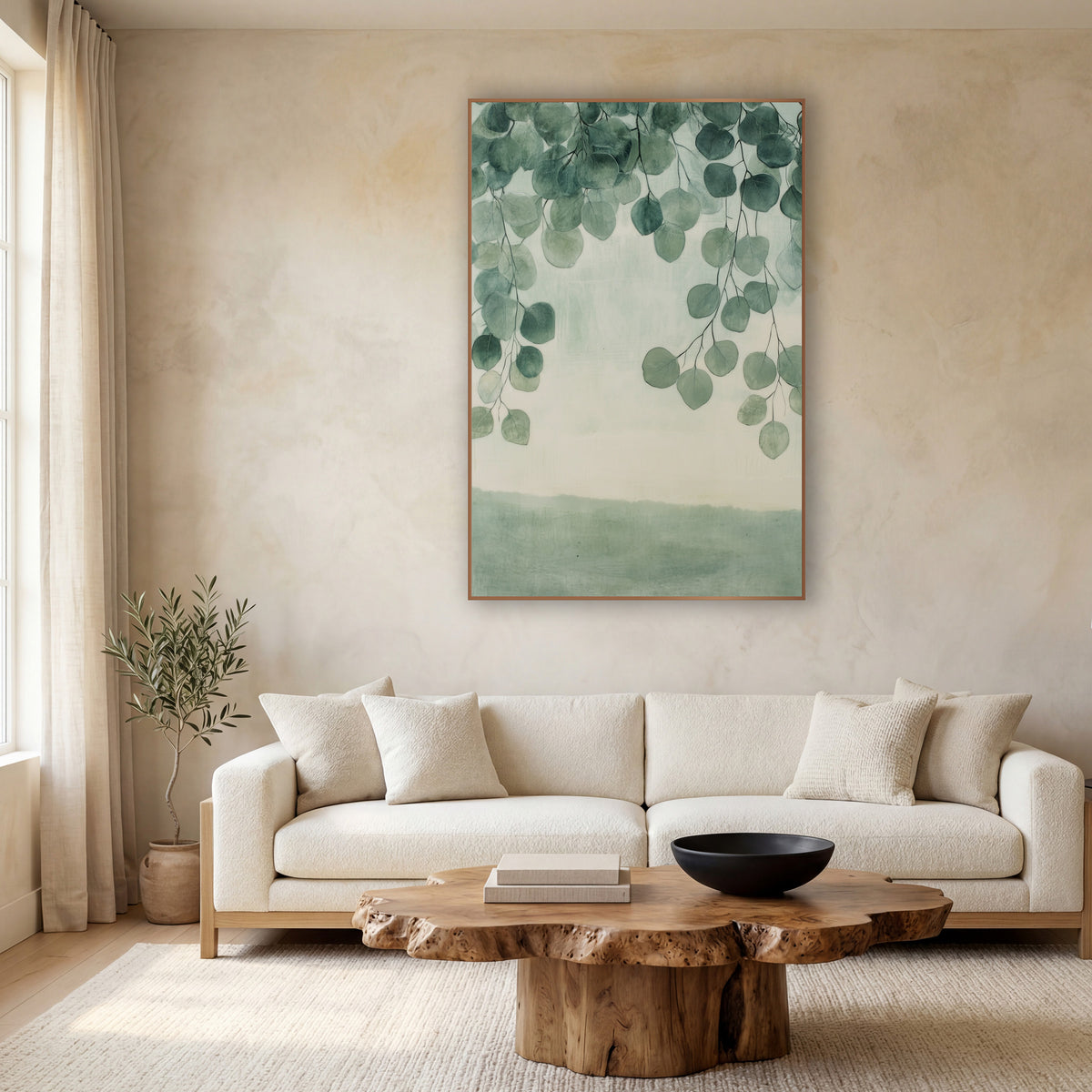 Sage Eucalyptus Branches Japandi wall art in a calm Japandi-style room – round sage-green eucalyptus leaves hanging