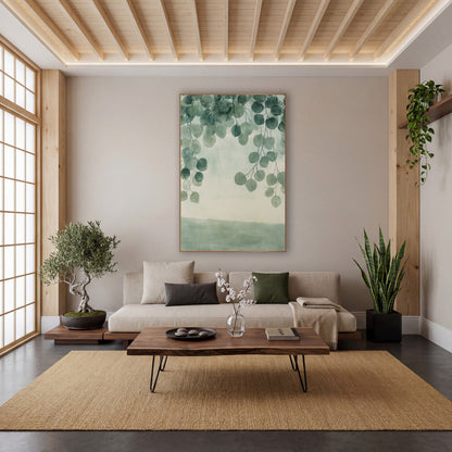 Sage Eucalyptus Branches Japandi wall art in a calm Japandi-style room – round sage-green eucalyptus leaves hanging