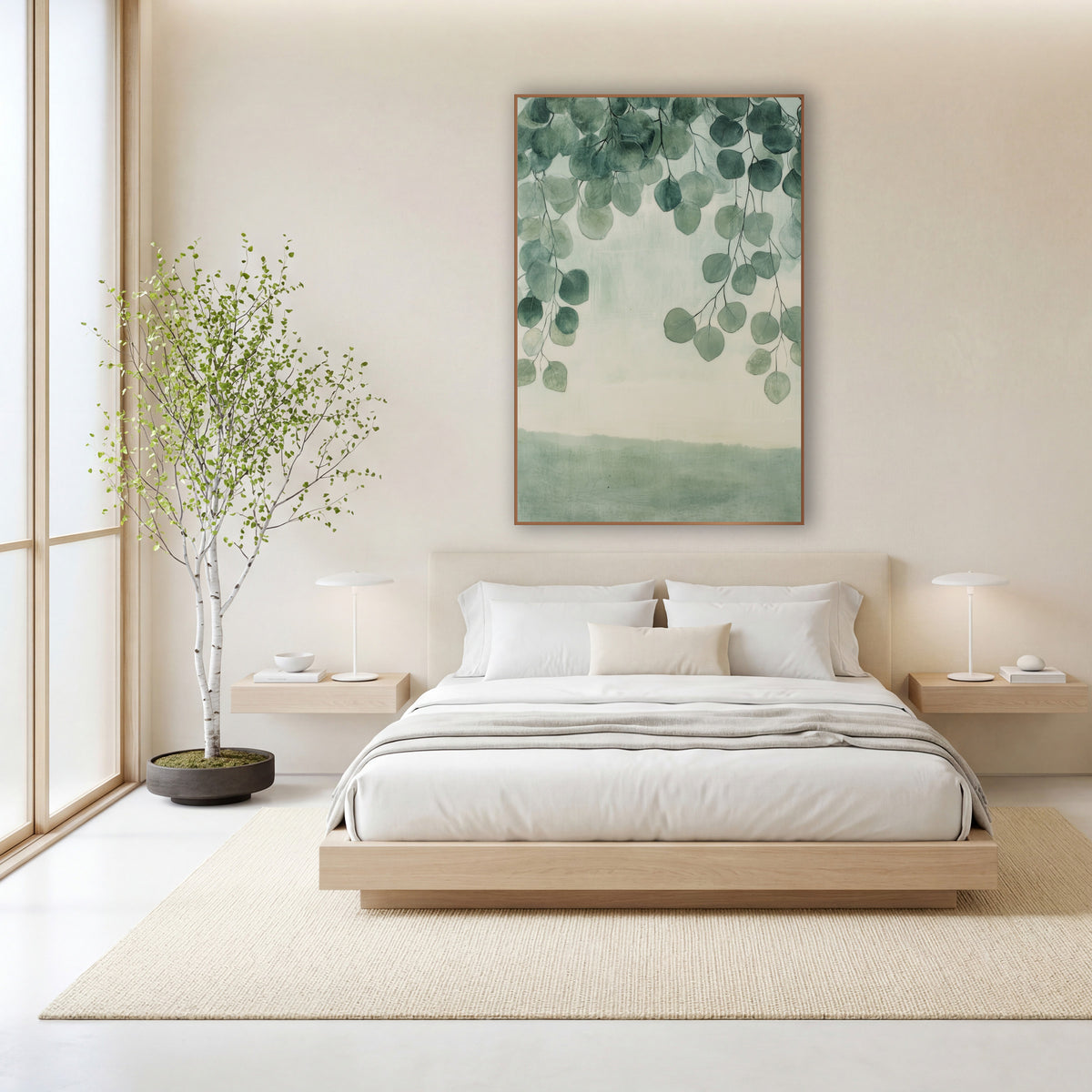Sage Eucalyptus Branches Japandi wall art in a calm Japandi-style room – round sage-green eucalyptus leaves hanging