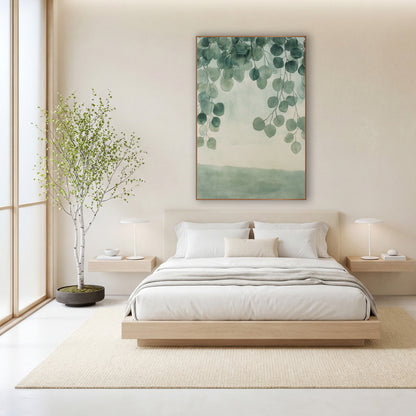 Sage Eucalyptus Branches Japandi wall art in a calm Japandi-style room – round sage-green eucalyptus leaves hanging