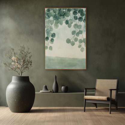 Sage Eucalyptus Branches Japandi wall art in a calm Japandi-style room – round sage-green eucalyptus leaves hanging