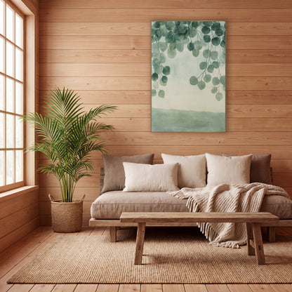 Sage Eucalyptus Branches Japandi wall art in a calm Japandi-style room – round sage-green eucalyptus leaves hanging