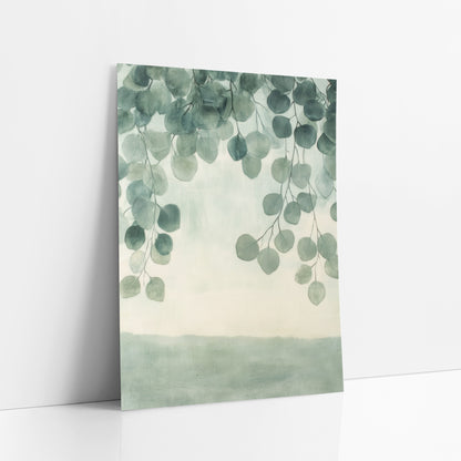 Sage Eucalyptus Branches Japandi art print leaning against a white wall – round sage-green eucalyptus leaves hanging