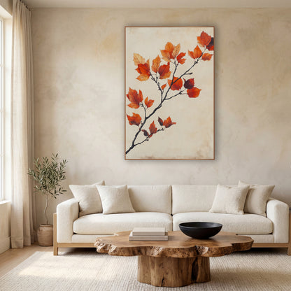 Rust Orange Autumn Branch Botanical wall art in a calm Japandi-style room – dark branch with orange, red and burgundy
