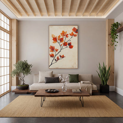 Rust Orange Autumn Branch Botanical wall art in a calm Japandi-style room – dark branch with orange, red and burgundy