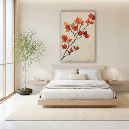 Rust Orange Autumn Branch Botanical wall art in a calm Japandi-style room – dark branch with orange, red and burgundy