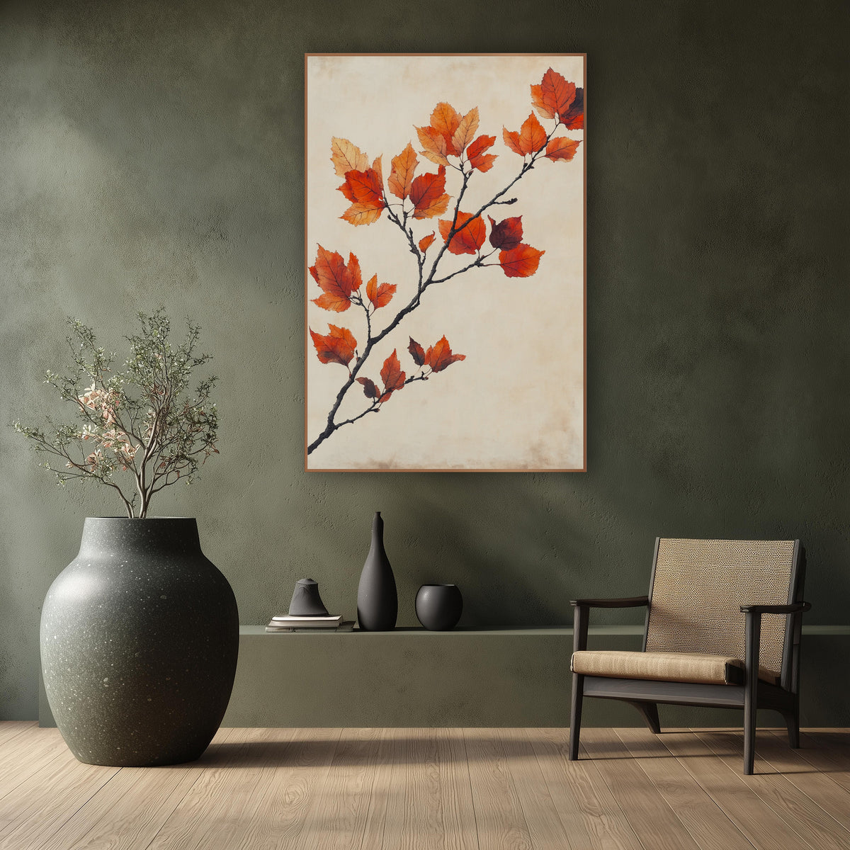 Rust Orange Autumn Branch Botanical wall art in a calm Japandi-style room – dark branch with orange, red and burgundy