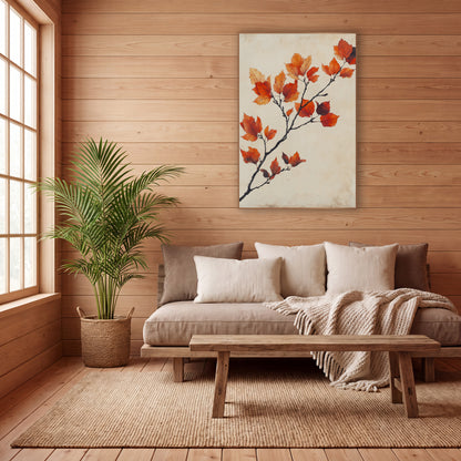 Rust Orange Autumn Branch Botanical wall art in a calm Japandi-style room – dark branch with orange, red and burgundy
