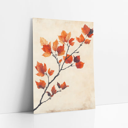 Rust Orange Autumn Branch Botanical art print leaning against a white wall – dark branch with orange, red and burgundy autumn