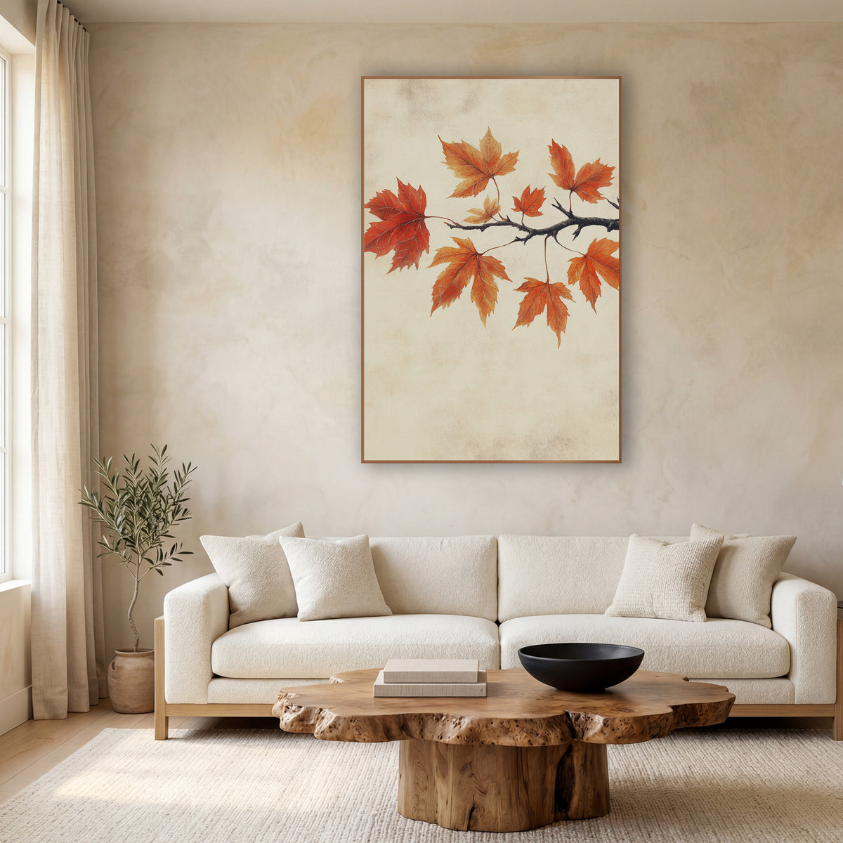 Orange Maple Branch Botanical Japandi wall art in a calm Japandi-style room – dark maple branch with nine orange