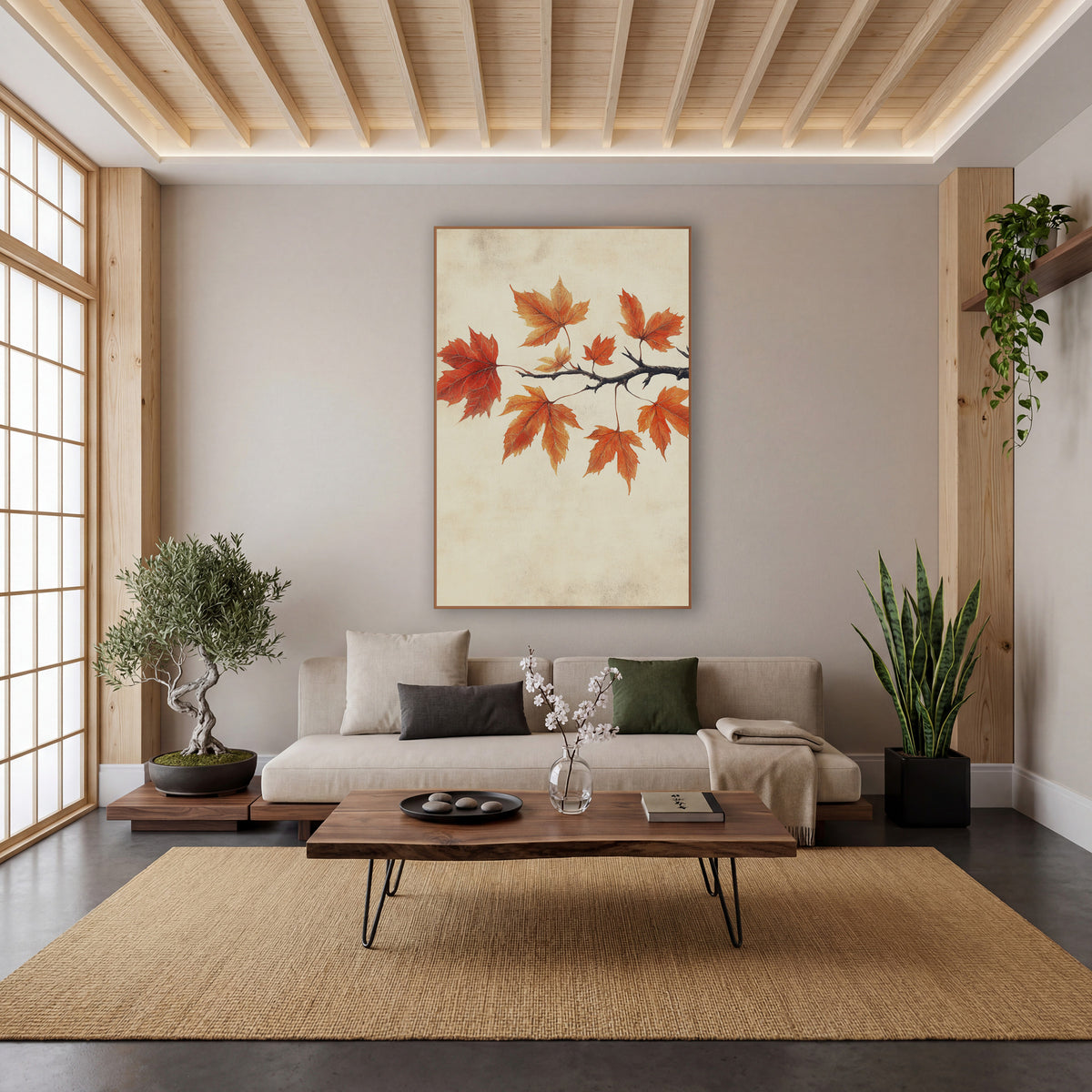 Orange Maple Branch Botanical Japandi wall art in a calm Japandi-style room – dark maple branch with nine orange