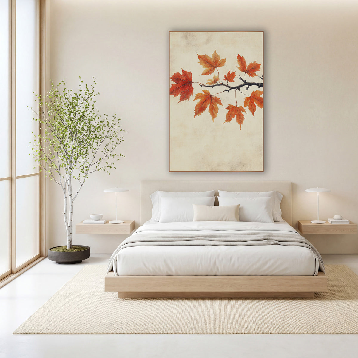 Orange Maple Branch Botanical Japandi wall art in a calm Japandi-style room – dark maple branch with nine orange