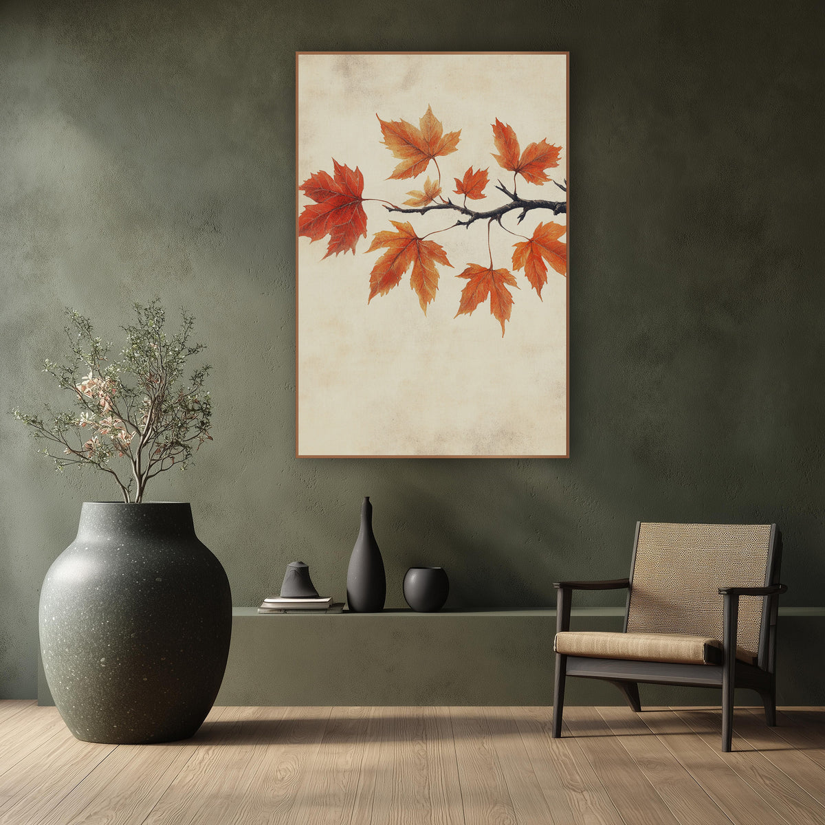 Orange Maple Branch Botanical Japandi wall art in a calm Japandi-style room – dark maple branch with nine orange
