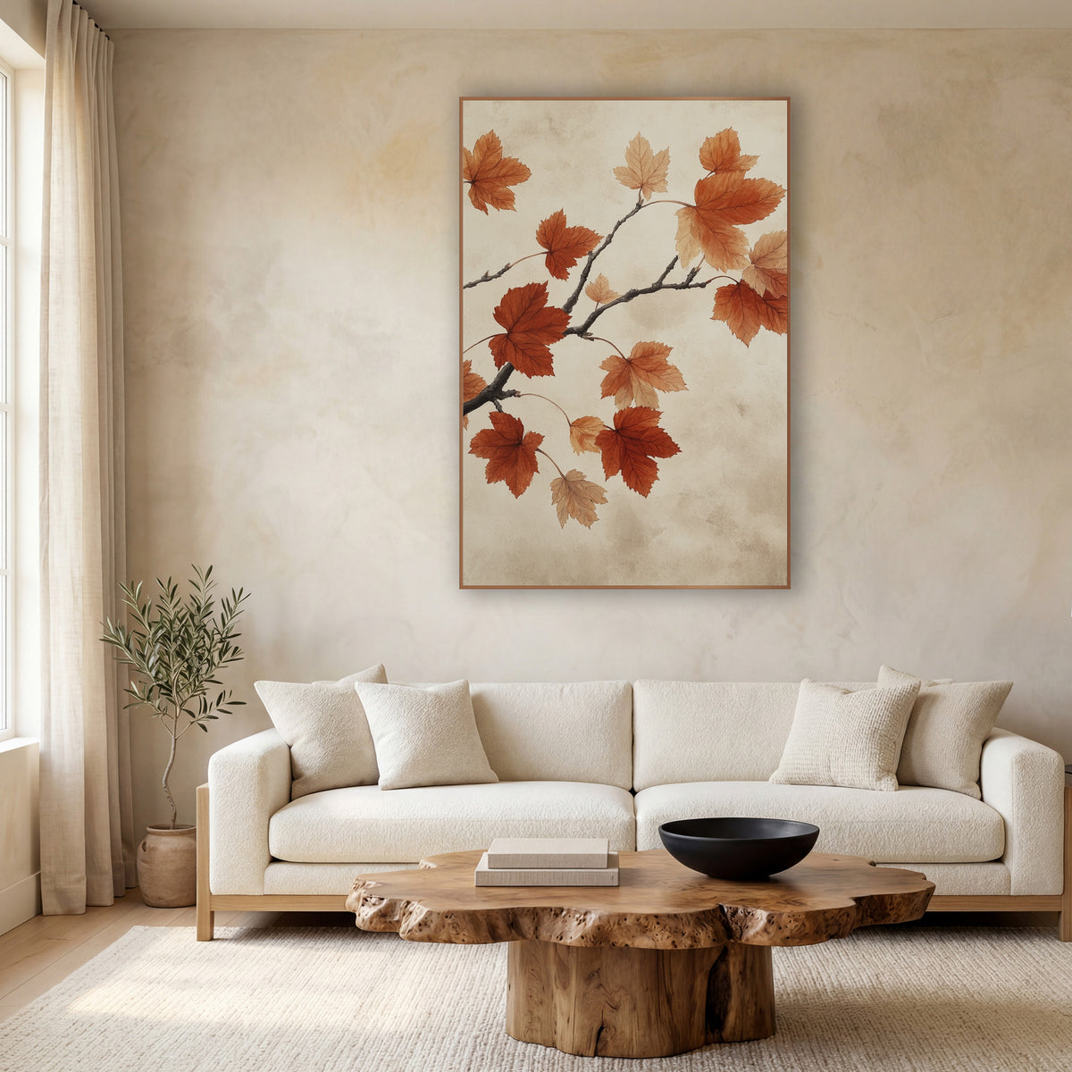Russet Maple Branch Japandi Botanical wall art in a calm Japandi-style room – maple branch with rust orange and peach
