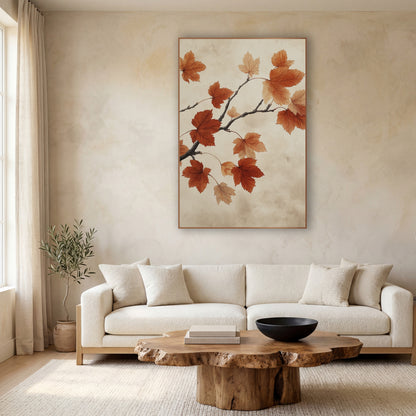 Russet Maple Branch Japandi Botanical wall art in a calm Japandi-style room – maple branch with rust orange and peach