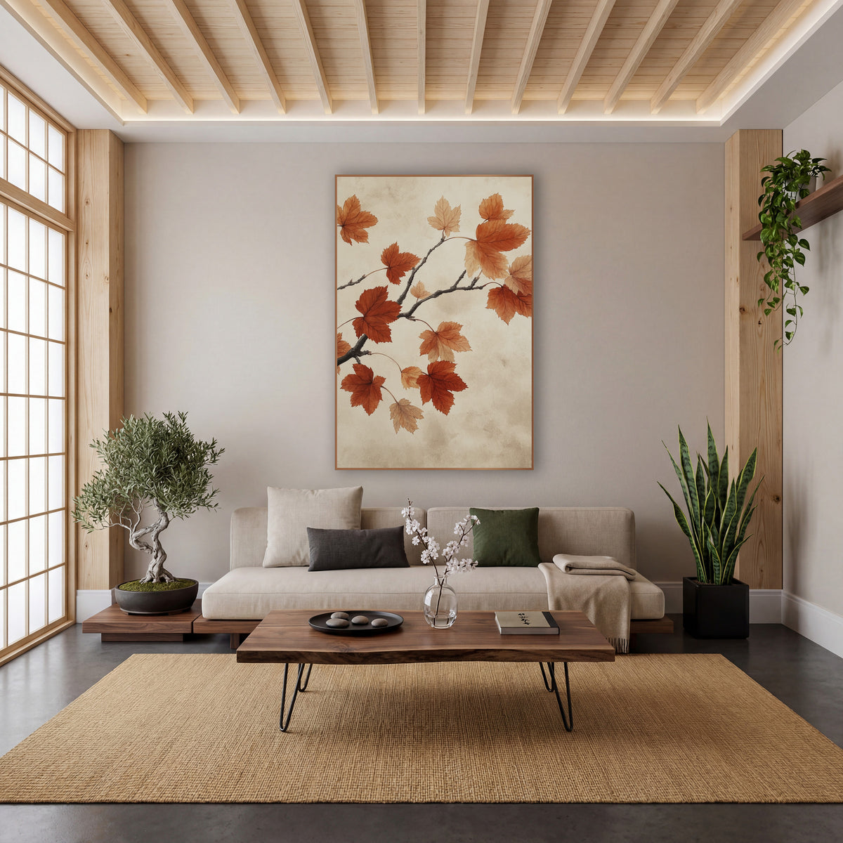 Russet Maple Branch Japandi Botanical wall art in a calm Japandi-style room – maple branch with rust orange and peach
