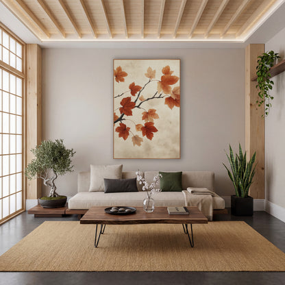 Russet Maple Branch Japandi Botanical wall art in a calm Japandi-style room – maple branch with rust orange and peach