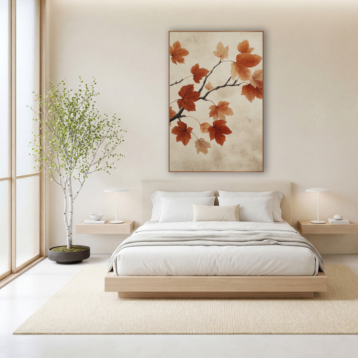 Russet Maple Branch Japandi Botanical wall art in a calm Japandi-style room – maple branch with rust orange and peach