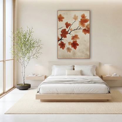 Russet Maple Branch Japandi Botanical wall art in a calm Japandi-style room – maple branch with rust orange and peach
