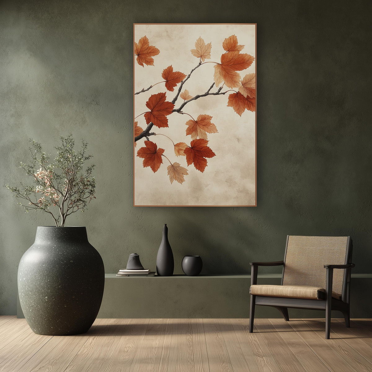 Russet Maple Branch Japandi Botanical wall art in a calm Japandi-style room – maple branch with rust orange and peach